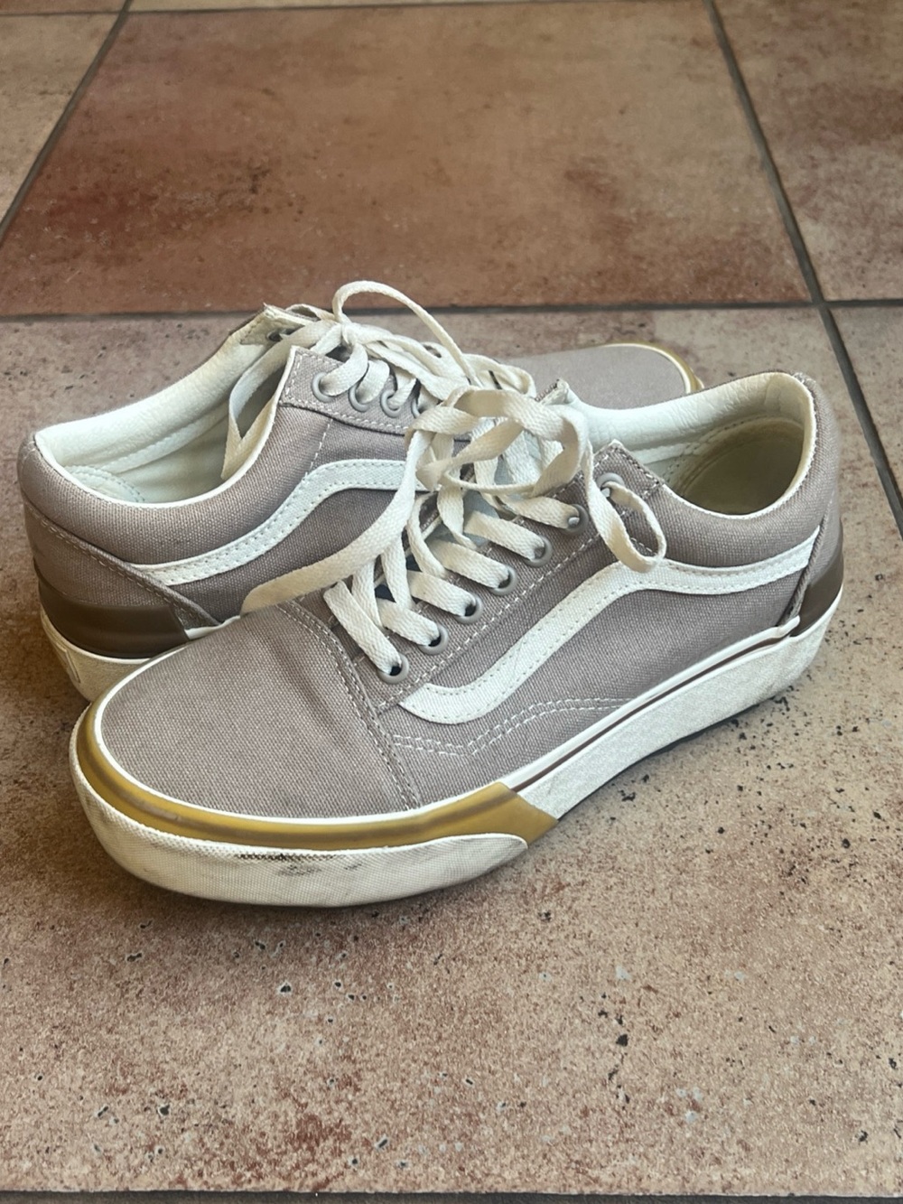 Vans Low-Top Canvas Sneakers in Taupe and White with Gold Accent